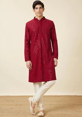 Red Embroidered Viscose Kurta Set For Men