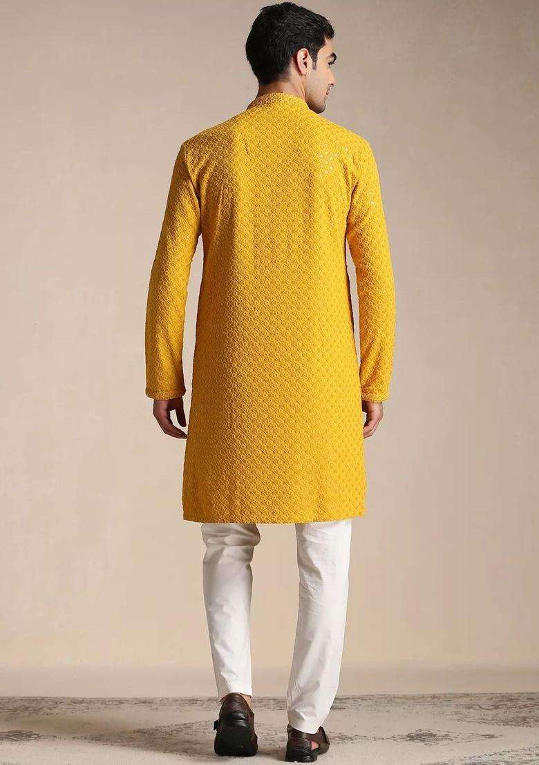 Yellow Embroidered Viscose Kurta Set For Men - Indya