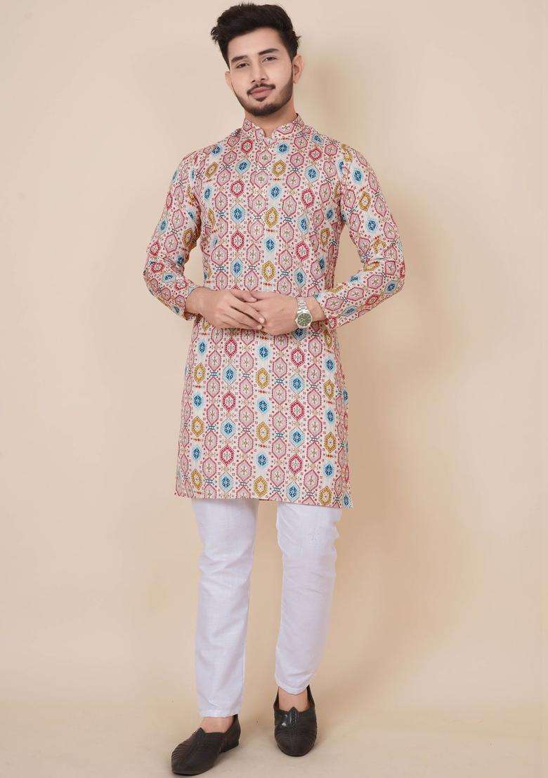 Multi Printed Viscose Kurta Set For Men - Indya