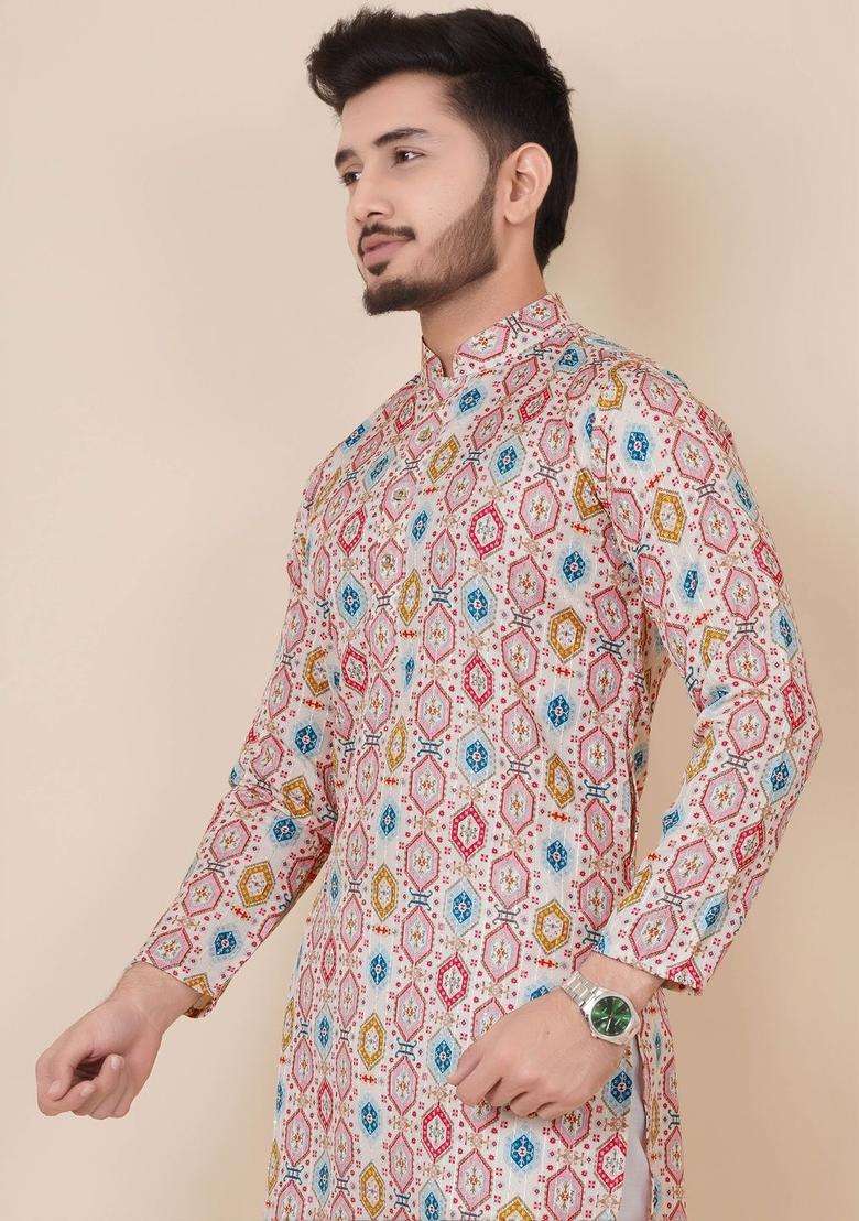 Multi Printed Viscose Kurta Set For Men - Indya