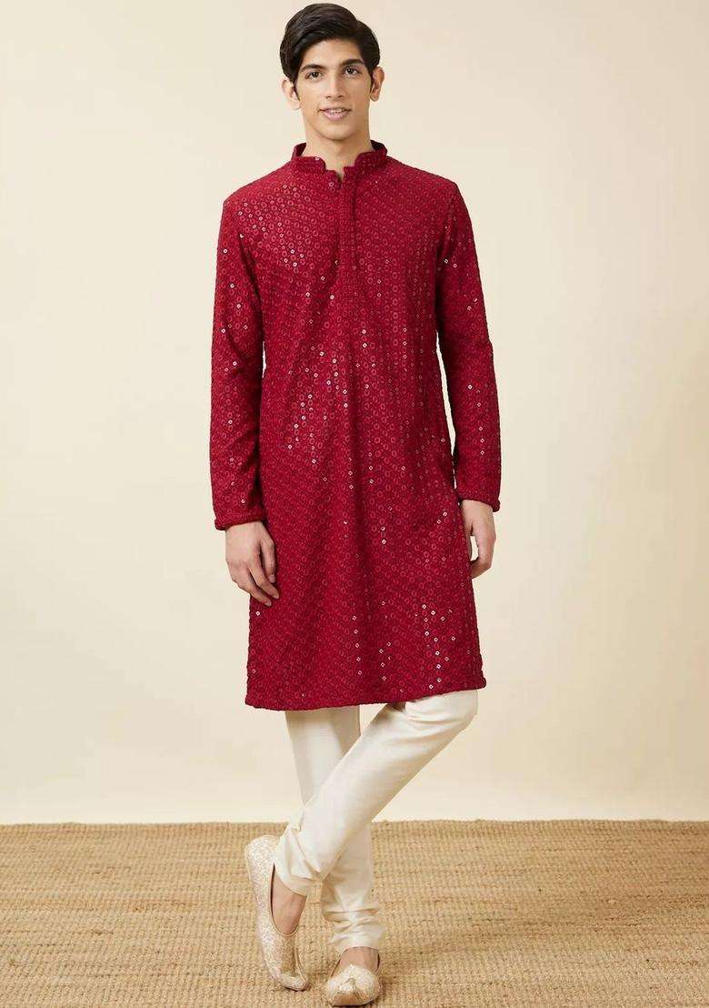 Red Embroidered Viscose Kurta Set For Men - Indya