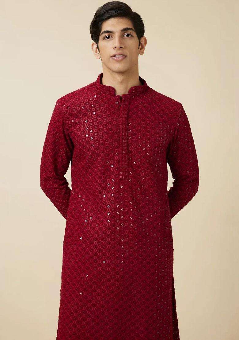 Red Embroidered Viscose Kurta Set For Men - Indya