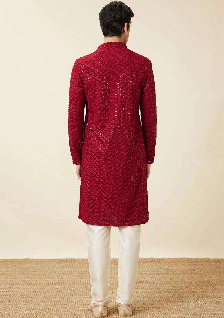 Red Embroidered Viscose Kurta Set For Men - Indya