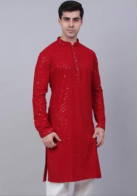 Red Self Design Viscose Kurta Set For Men
