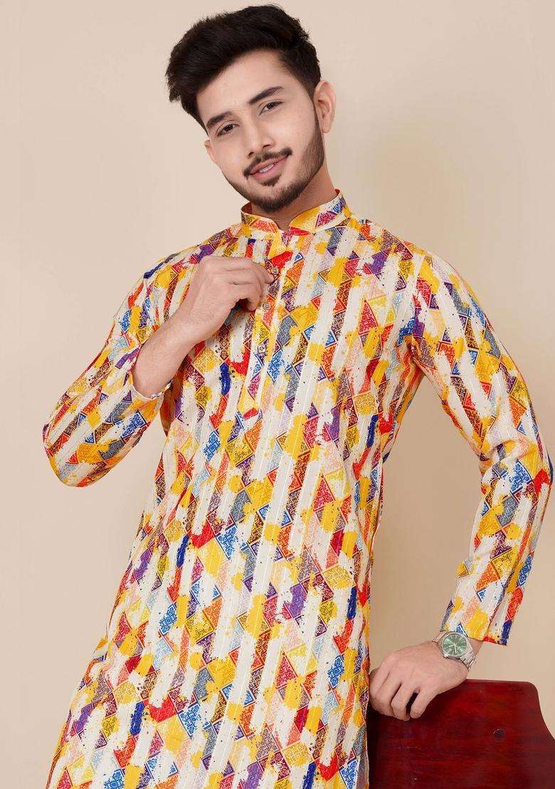 Multi Printed Viscose Kurta Set For Men - Indya