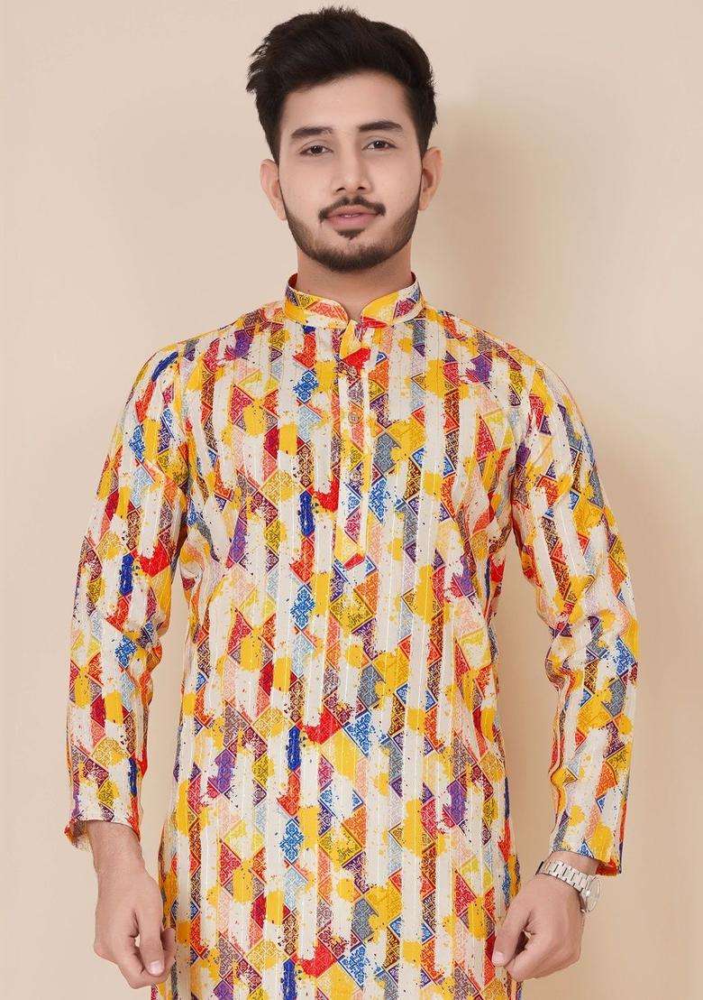 Multi Printed Viscose Kurta Set For Men - Indya