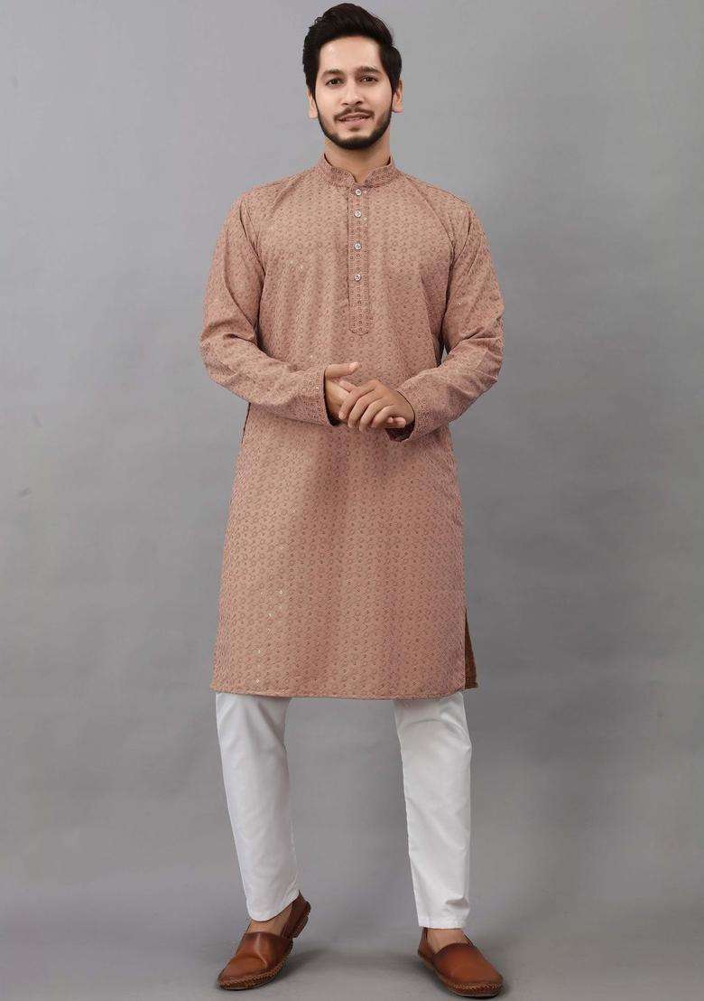 Brown Self Design Viscose Kurta Set For Men - Indya