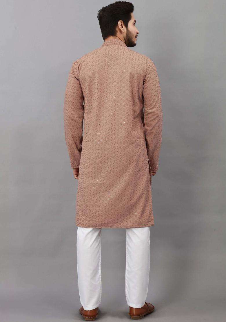 Brown Self Design Viscose Kurta Set For Men - Indya