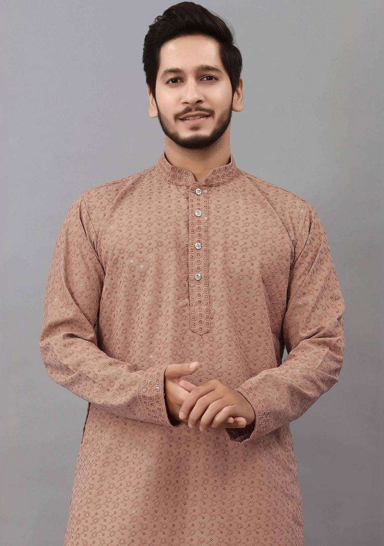 Brown Self Design Viscose Kurta Set For Men - Indya