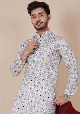 Off White Printed Viscose Kurta Set For Men