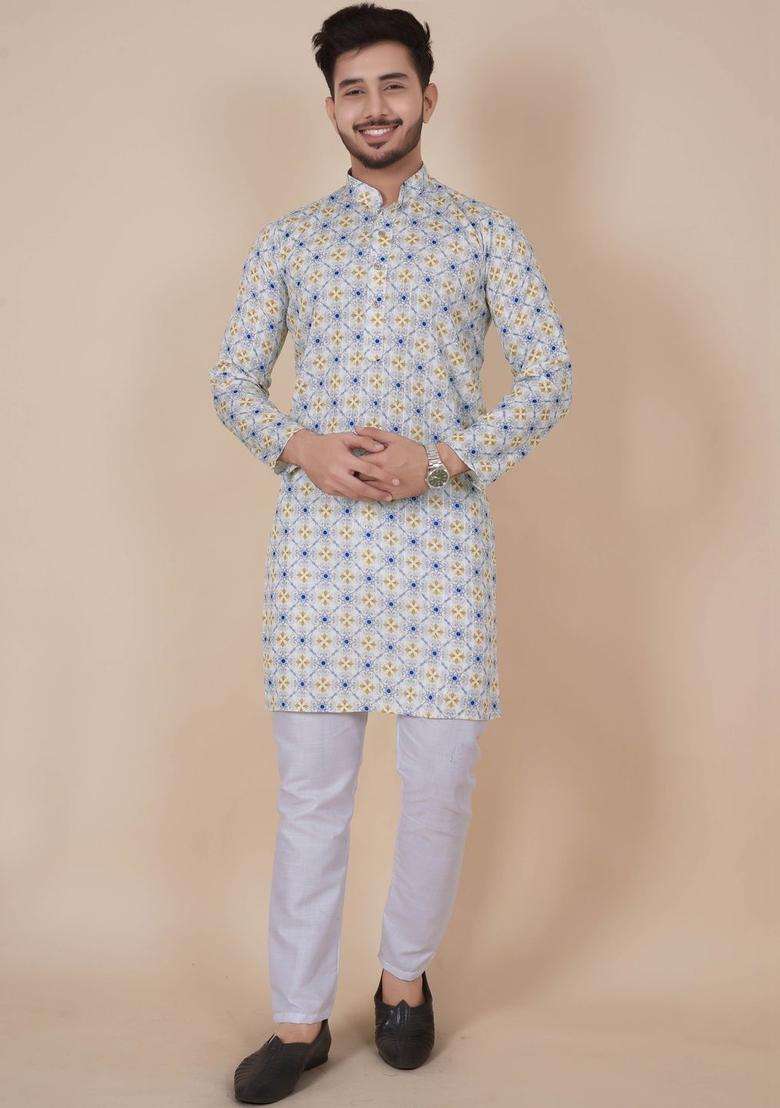 Off White Printed Viscose Kurta Set For Men - Indya