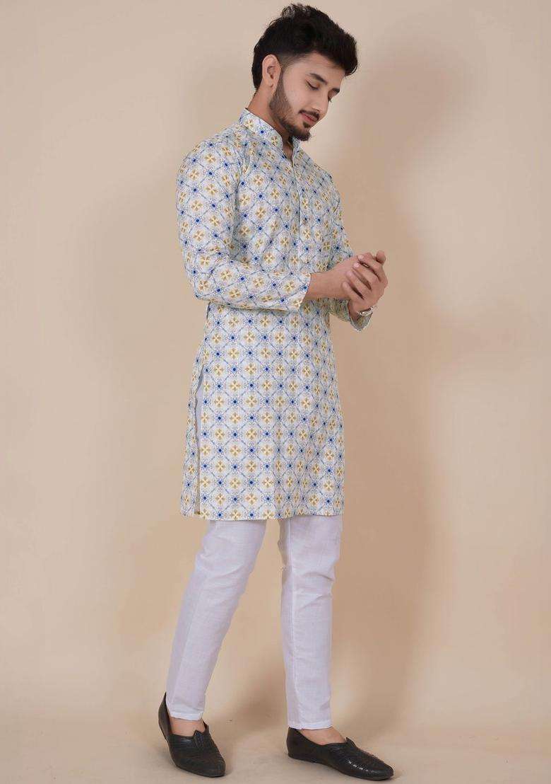 Off White Printed Viscose Kurta Set For Men - Indya