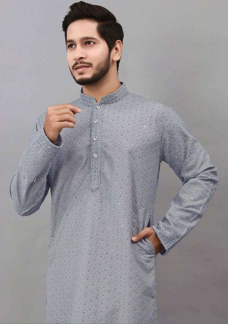 Grey Embroidered Viscose Kurta Set For Men - Indya