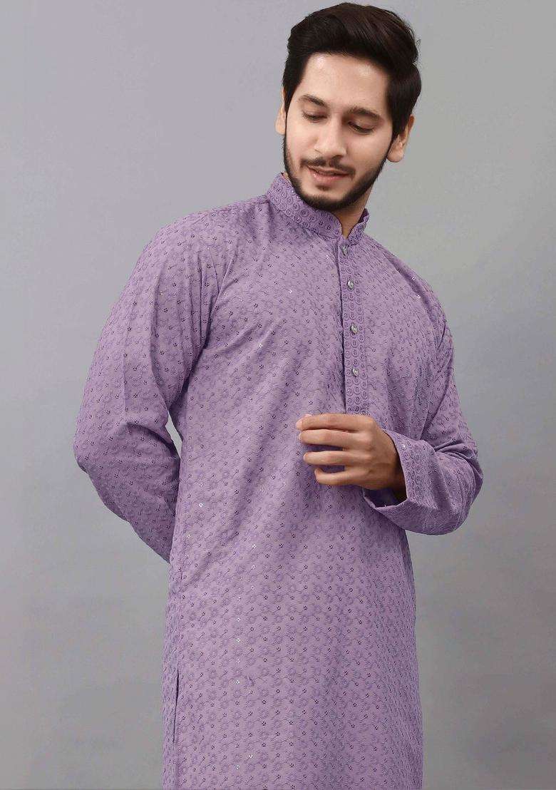 Purple Embroidered Viscose Kurta Set For Men - Indya