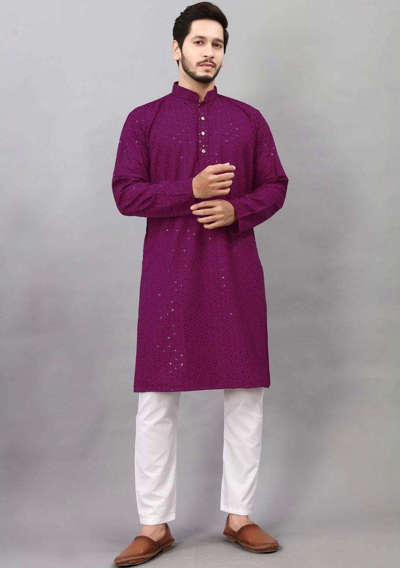 Purple Self Design Viscose Kurta Set For Men - Indya