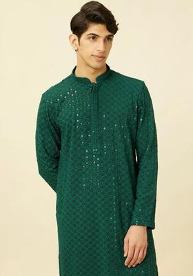 Green Embroidered Viscose Kurta Set For Men