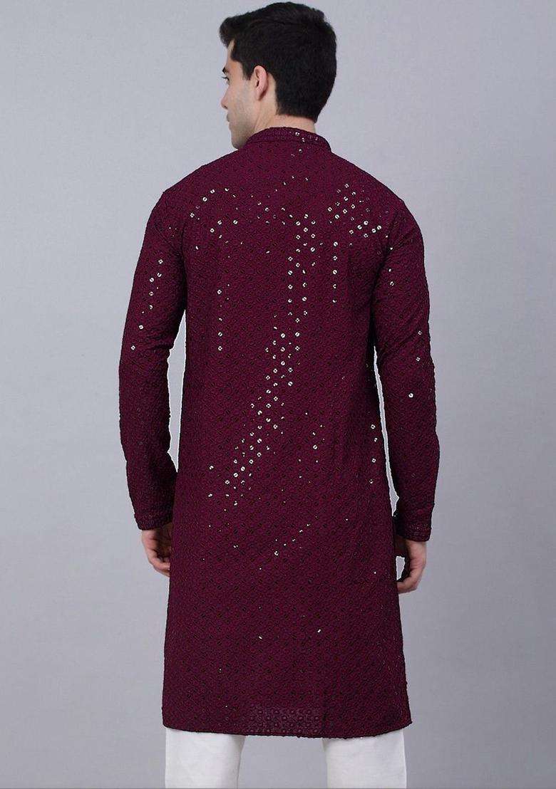 Maroon Self Design Viscose Kurta Set For Men - Indya