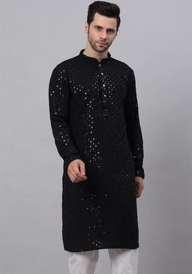 Black Self Design Viscose Kurta Set For Men