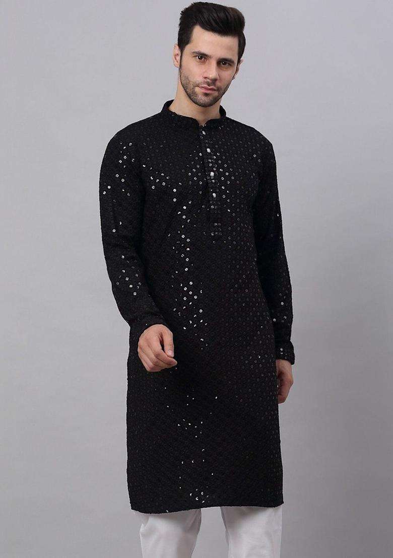 Black Self Design Viscose Kurta Set For Men - Indya