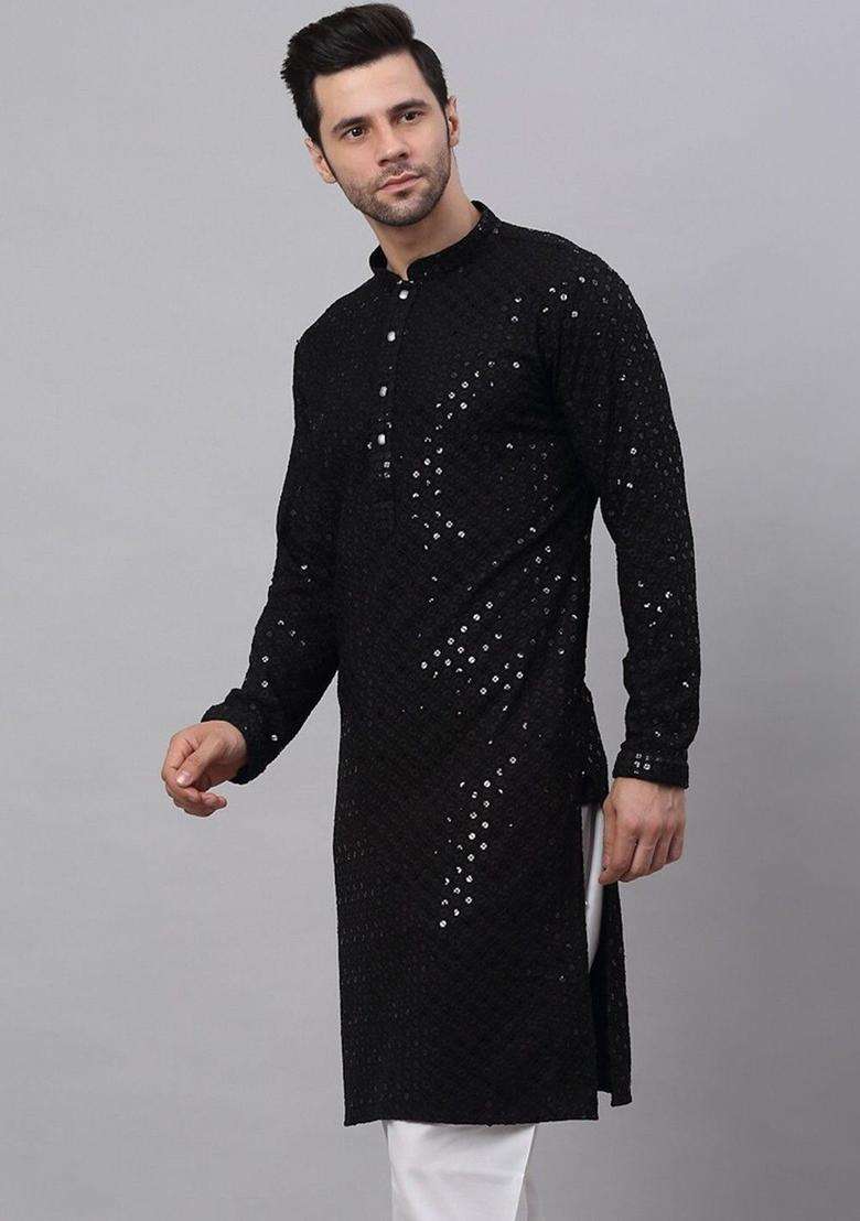 Black Self Design Viscose Kurta Set For Men - Indya