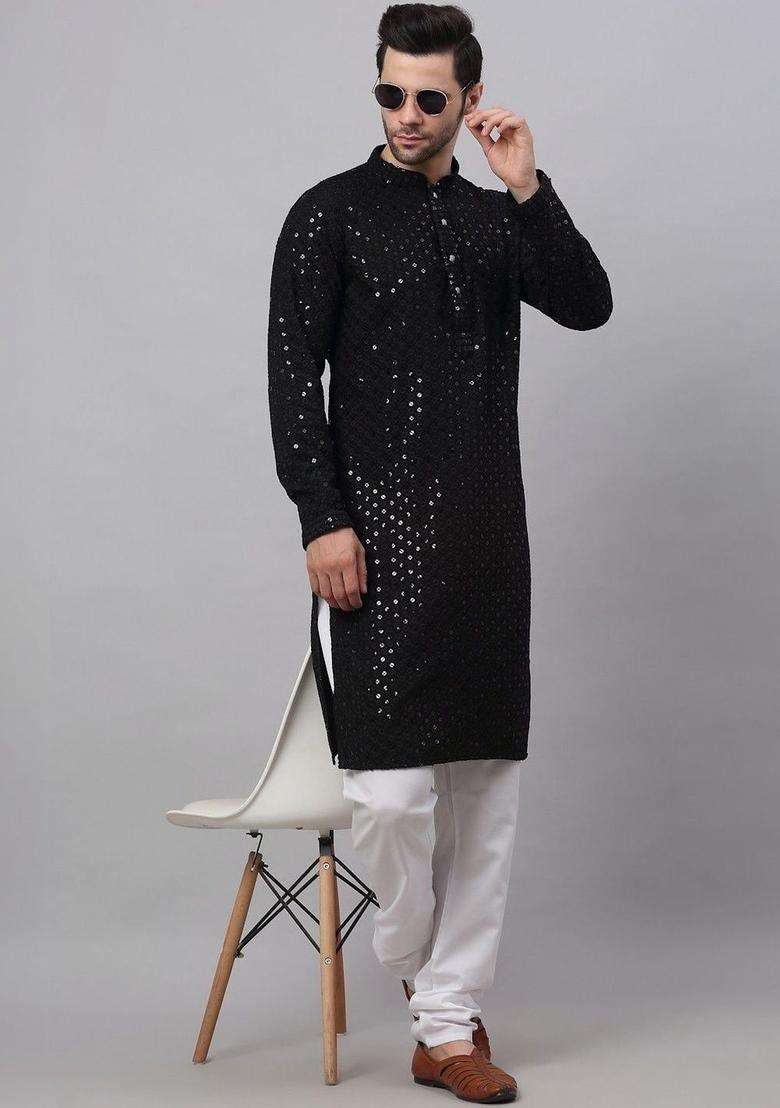 Black Self Design Viscose Kurta Set For Men - Indya