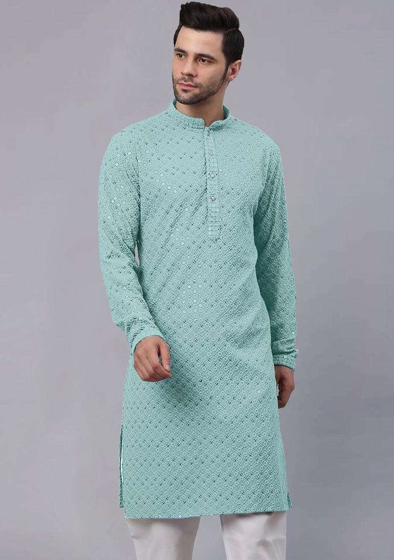 Sea Green Embroidered Viscose Kurta Set For Men - Indya