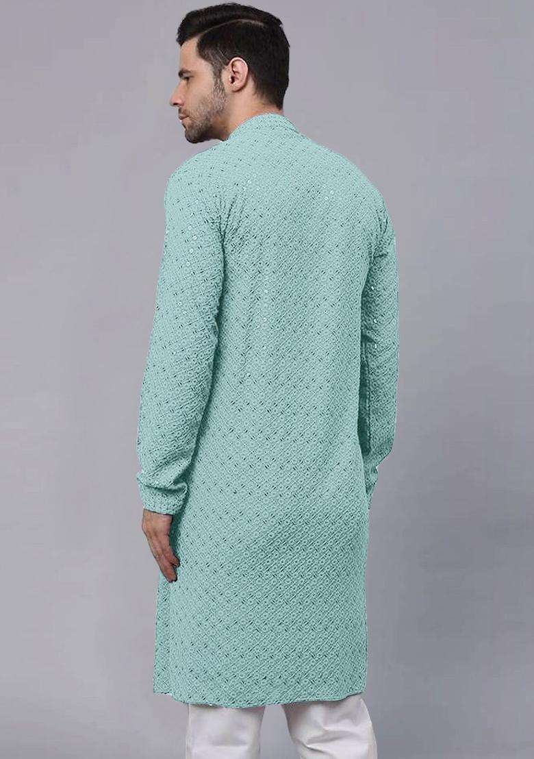 Sea Green Embroidered Viscose Kurta Set For Men - Indya