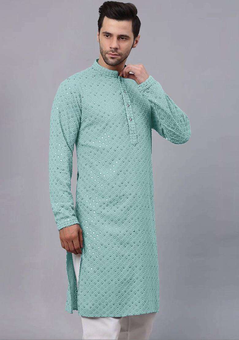 Sea Green Embroidered Viscose Kurta Set For Men - Indya
