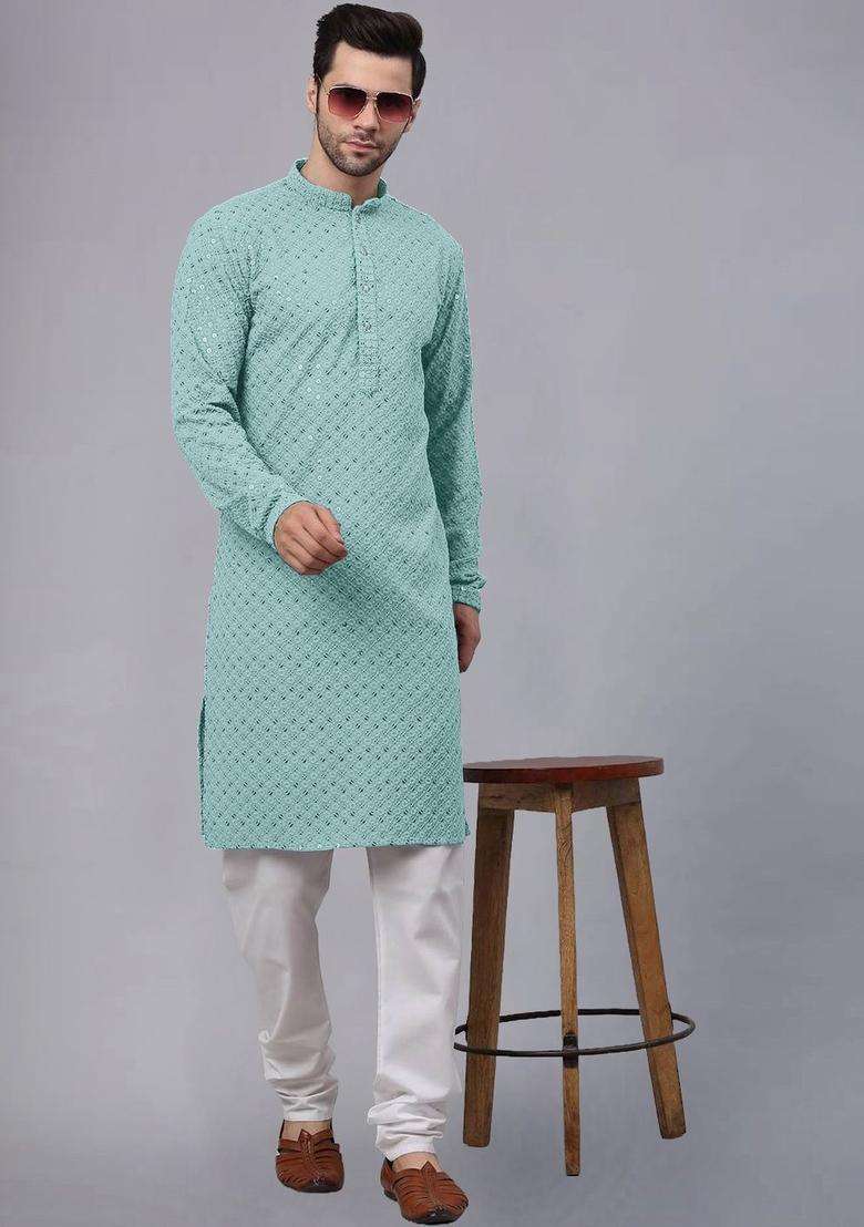 Sea Green Embroidered Viscose Kurta Set For Men - Indya