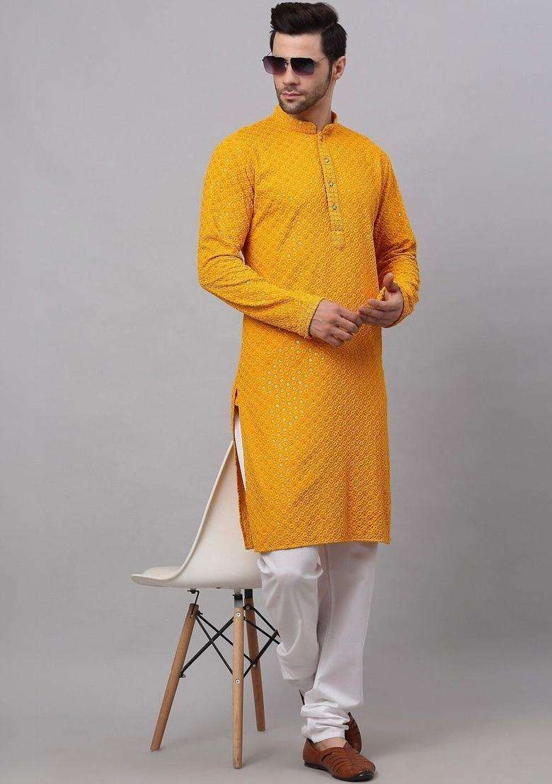 Yellow Embroidered Viscose Kurta Set For Men - Indya