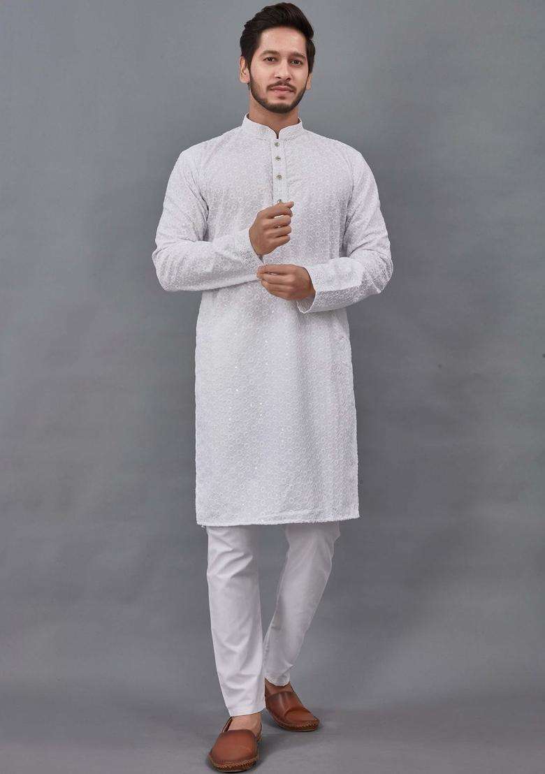 White Embroidered Viscose Kurta Set For Men - Indya