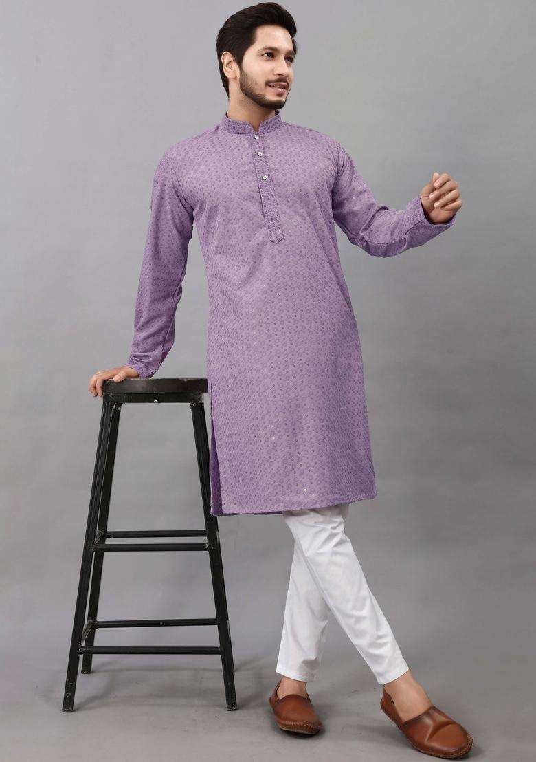 Purple Embroidered Viscose Kurta Set For Men - Indya