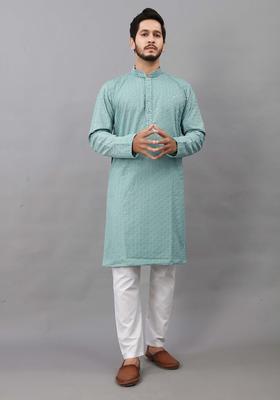 Sea Green Self Design Viscose Kurta Set For Men
