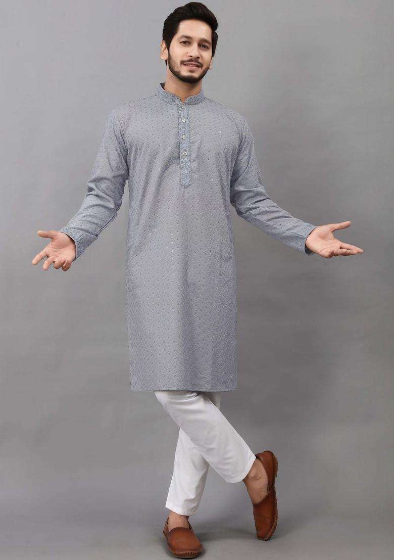 Grey Embroidered Viscose Kurta Set For Men - Indya