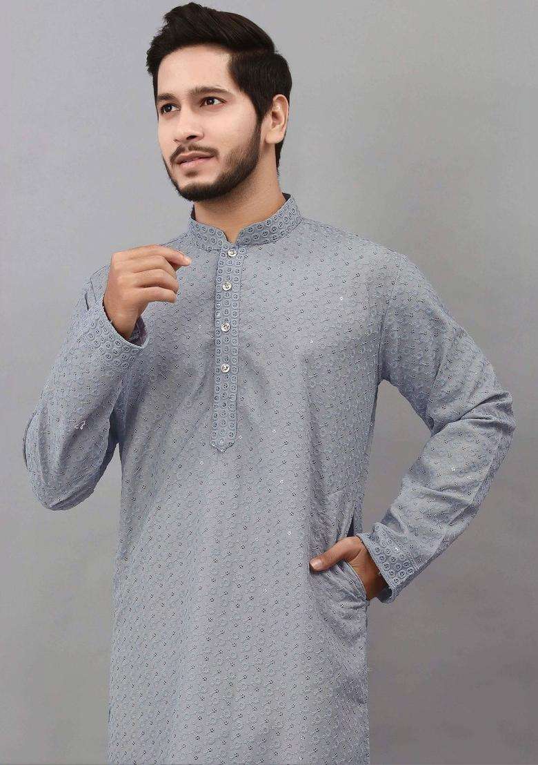 Grey Embroidered Viscose Kurta Set For Men - Indya