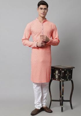 Peach Embroidered Viscose Kurta Set For Men
