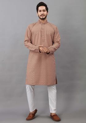 Brown Self Design Viscose Kurta Set For Men