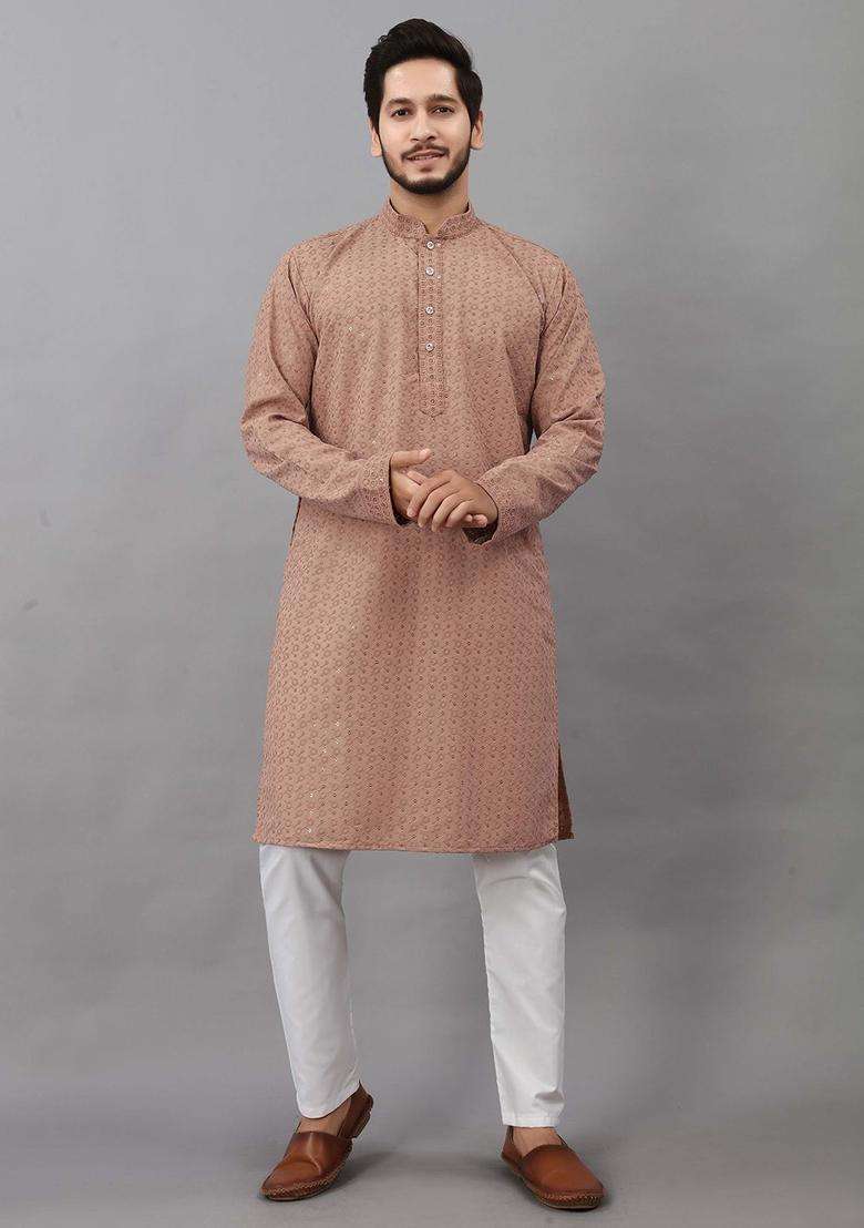 Brown Self Design Viscose Kurta Set For Men - Indya