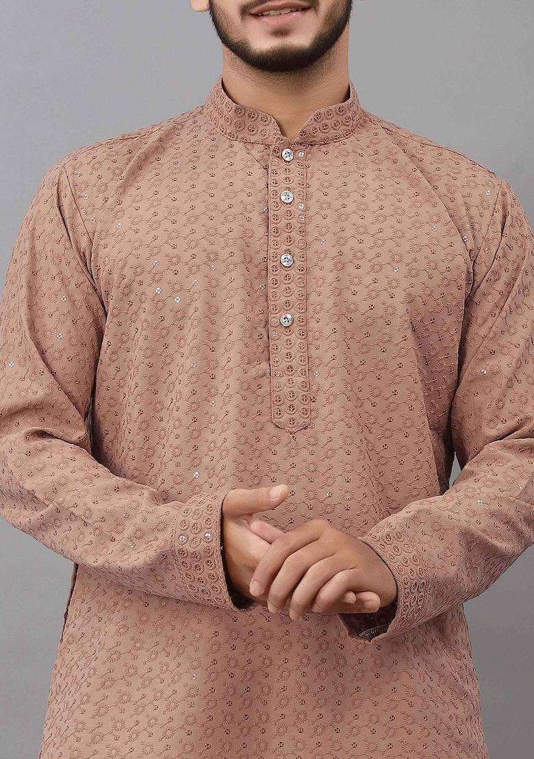 Brown Self Design Viscose Kurta Set For Men - Indya