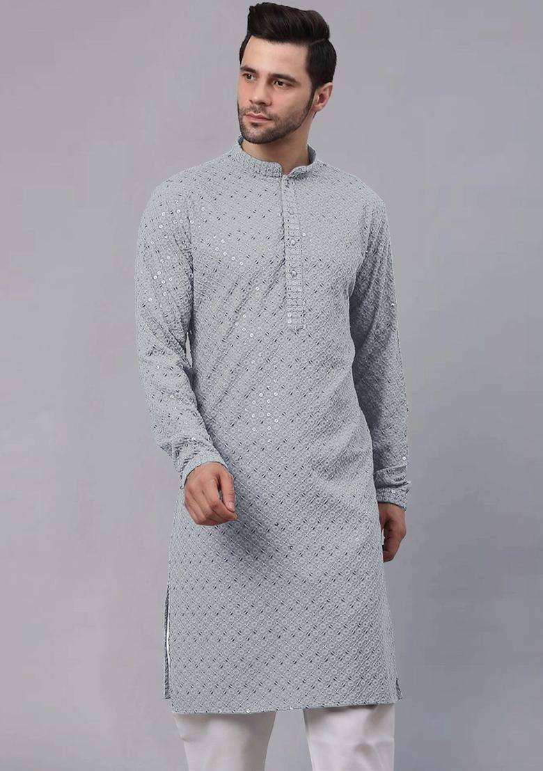 Grey Solid Viscose Kurta Set For Men - Indya