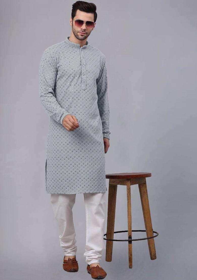 Grey Solid Viscose Kurta Set For Men - Indya