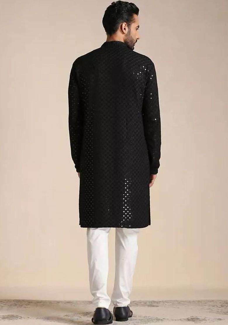 Black Self Design Viscose Kurta Set For Men - Indya