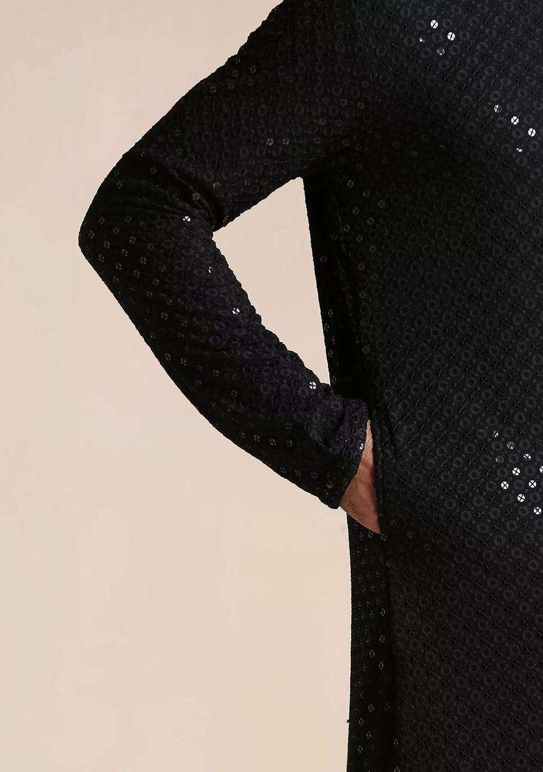 Black Self Design Viscose Kurta Set For Men - Indya