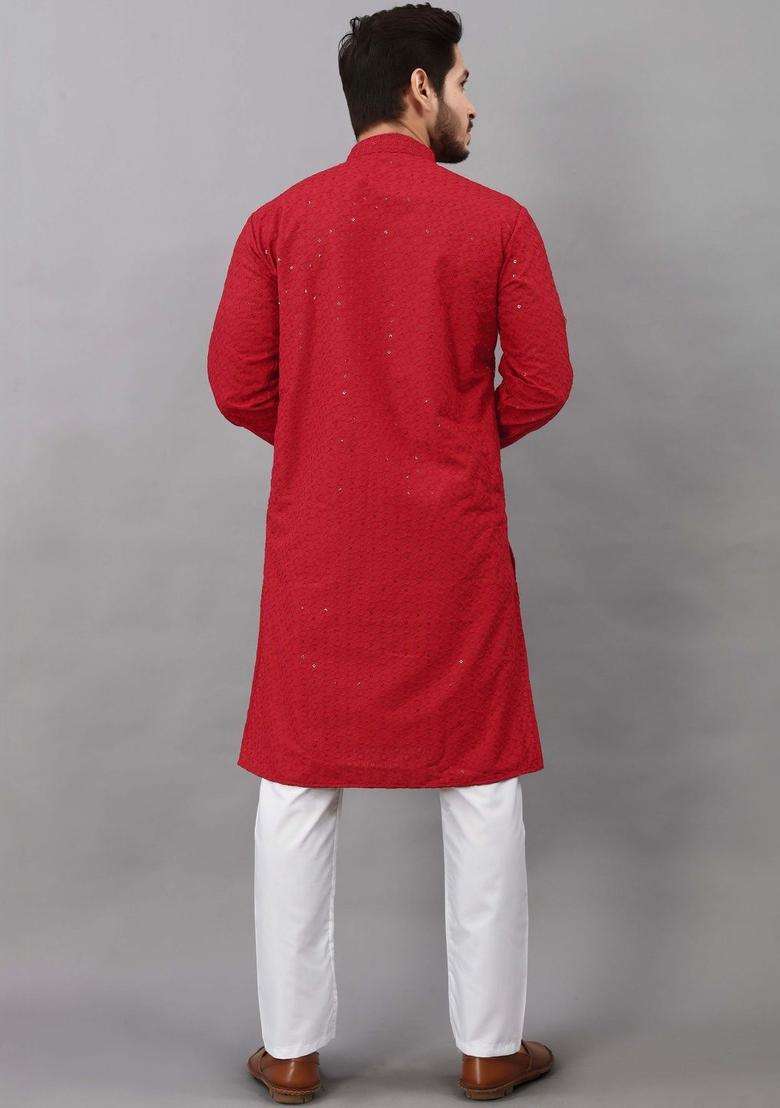 Red Embroidered Viscose Kurta Set For Men - Indya