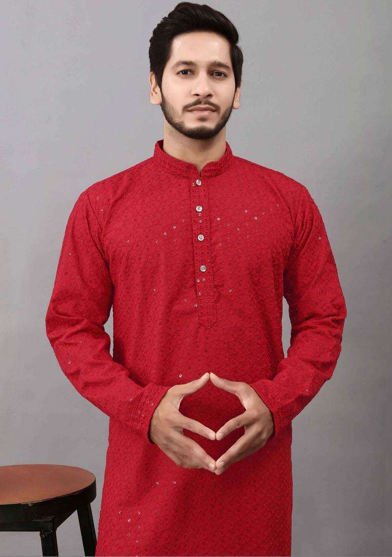 Red Embroidered Viscose Kurta Set For Men - Indya