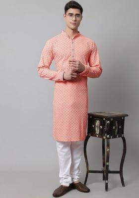 Peach Embroidered Viscose Kurta Set For Men