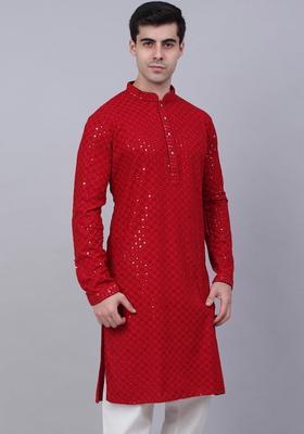 Red Embroidered Viscose Kurta Set For Men