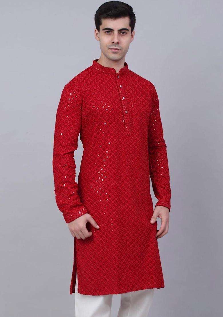 Red Embroidered Viscose Kurta Set For Men - Indya
