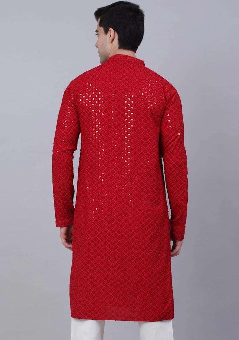 Red Embroidered Viscose Kurta Set For Men - Indya