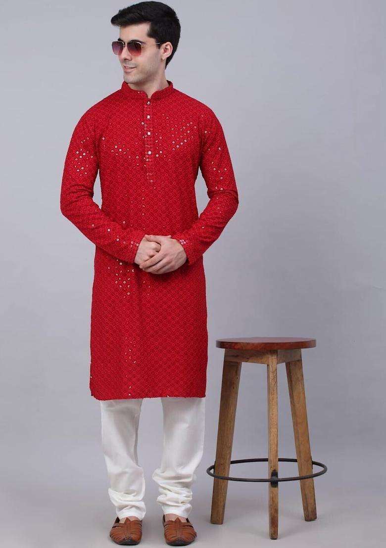 Red Embroidered Viscose Kurta Set For Men - Indya
